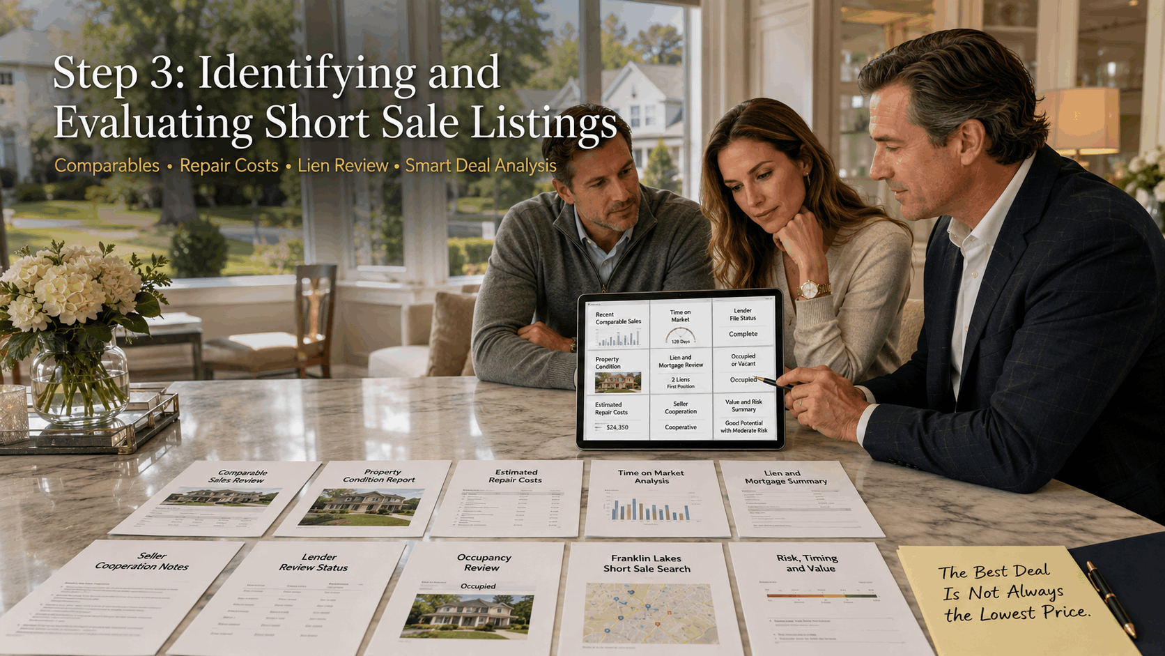 Franklin Lakes buyers evaluating short sale listings with a real estate advisor in a luxury North Jersey home.