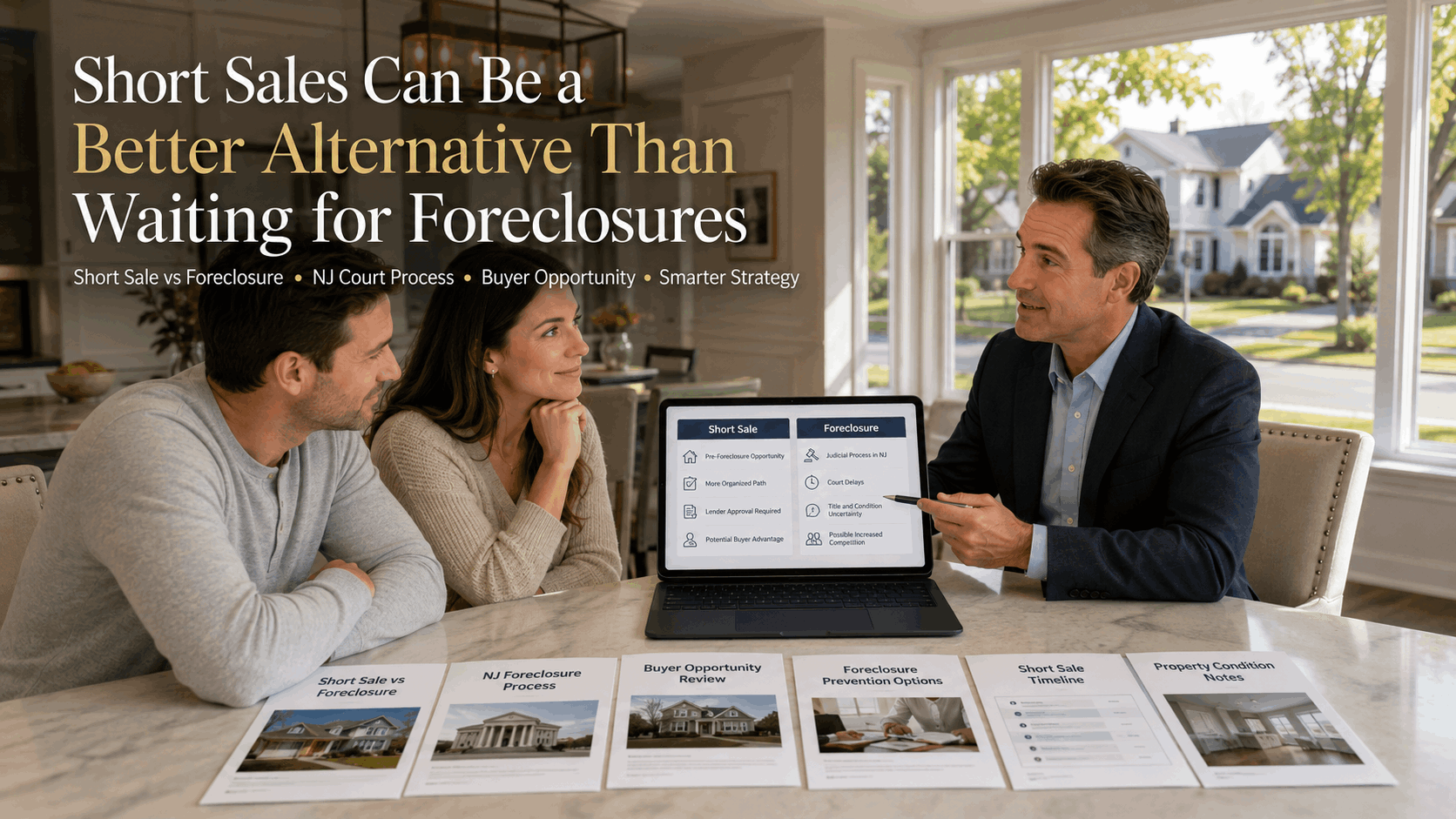 Saddle Brook buyers comparing short sales vs foreclosures with a real estate advisor in a bright North Jersey home.