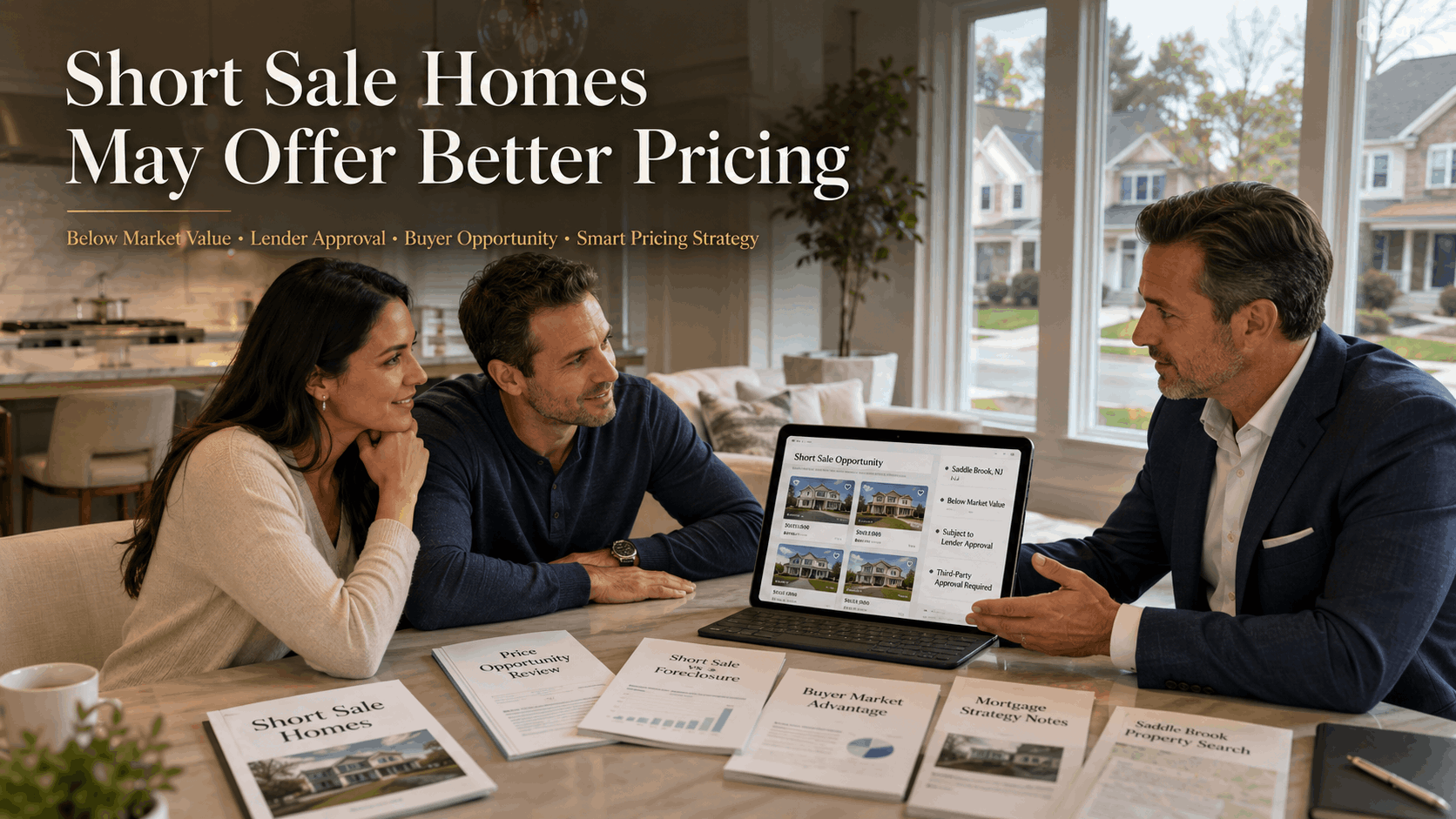 Saddle Brook buyers reviewing short sale pricing opportunities with a real estate advisor in a bright North Jersey home.