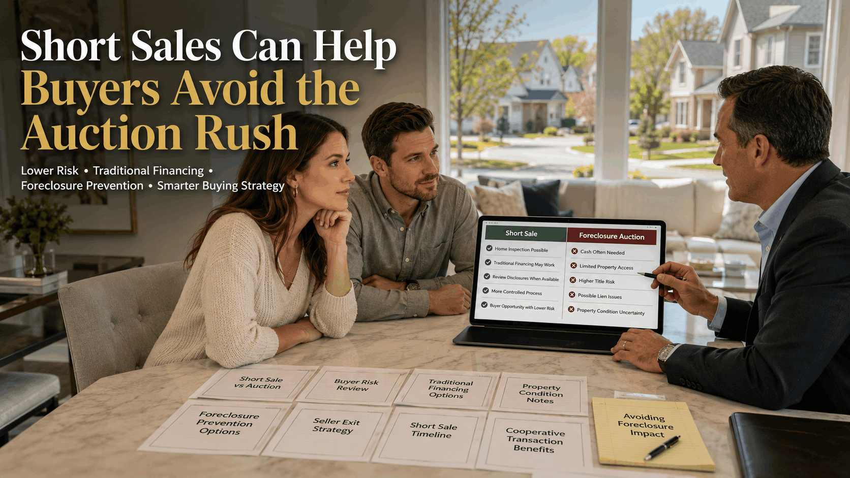 Saddle Brook buyers comparing short sales and foreclosure auctions with a real estate advisor in a bright North Jersey home.