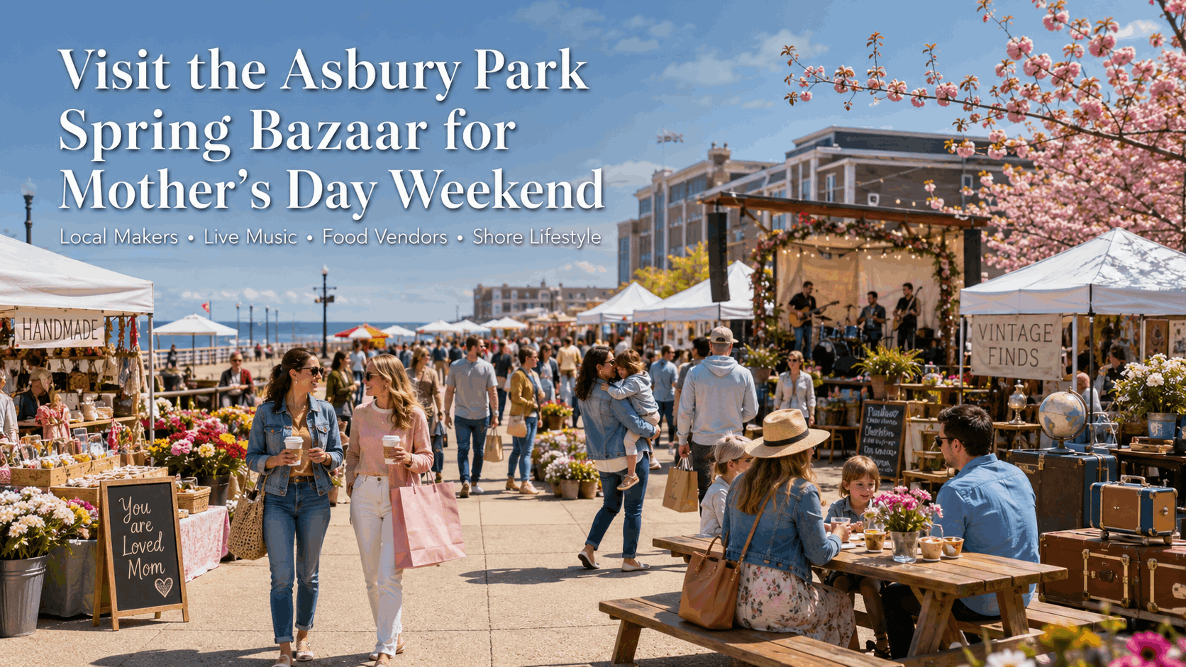 Asbury Park Spring Bazaar with local vendors, live music, families, and Mother’s Day weekend shopping near the boardwalk.