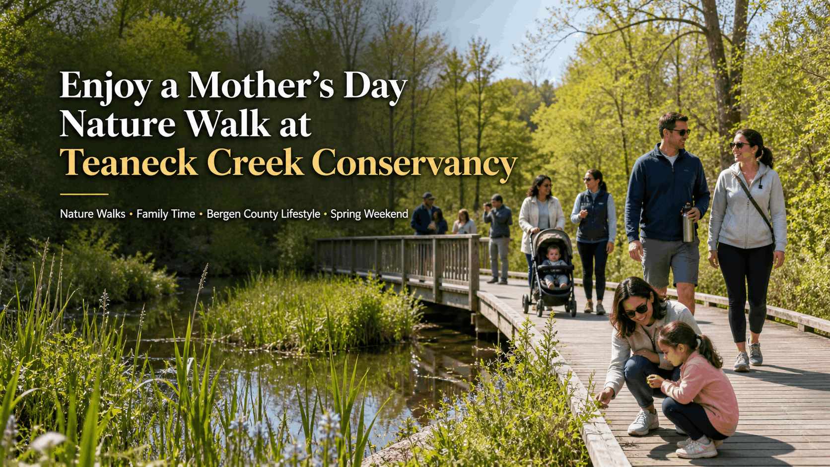 Teaneck Creek Conservancy Mother’s Day nature walk with families enjoying a peaceful spring boardwalk trail in Bergen County.