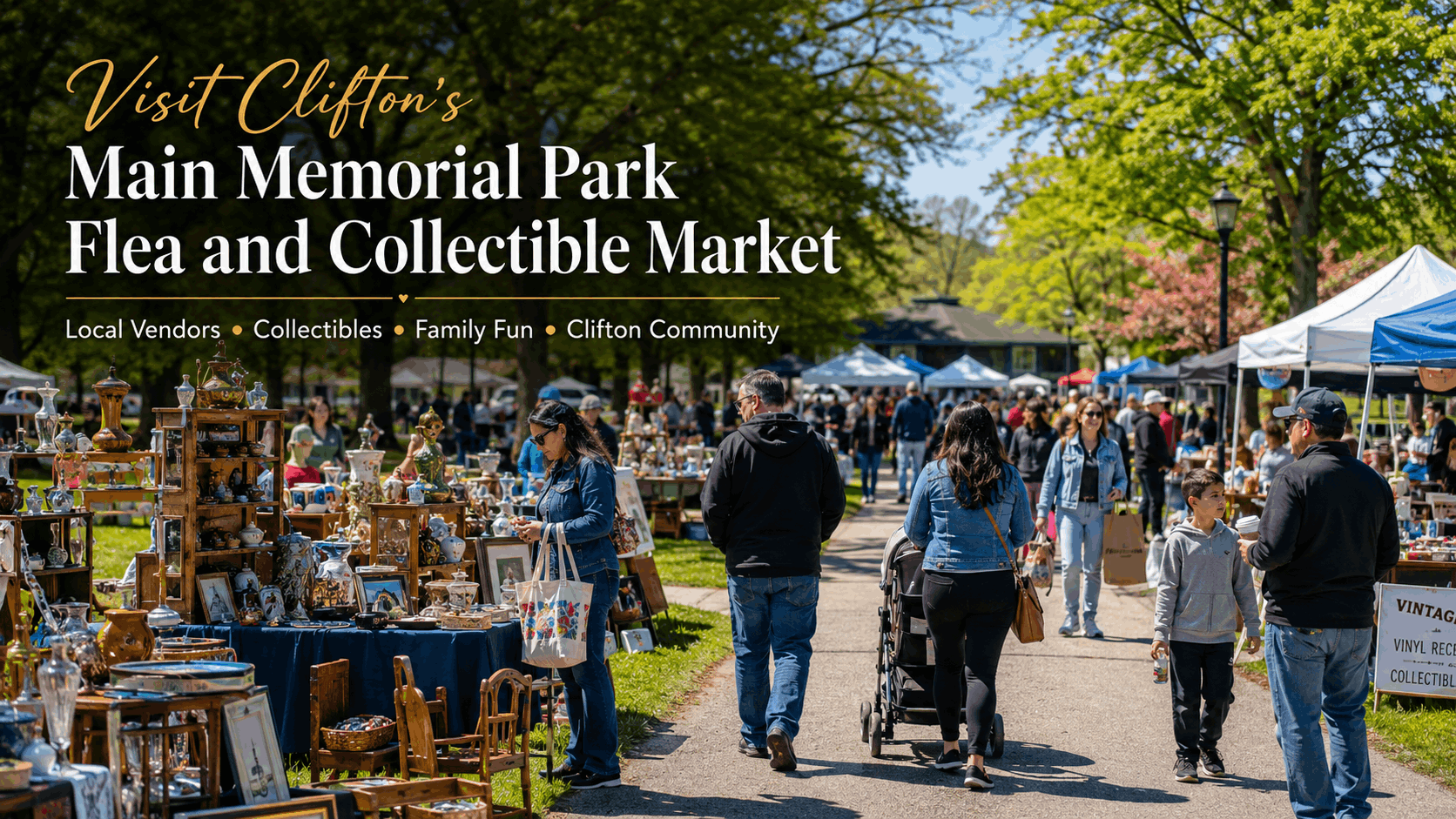 Clifton Main Memorial Park flea market with local vendors, collectibles, families, and a sunny community atmosphere.