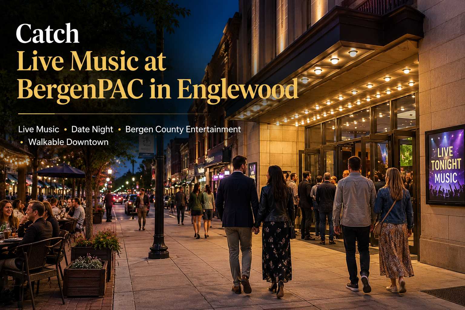 BergenPAC in Englewood live music night with couples, downtown dining, and a walkable Bergen County entertainment scene.