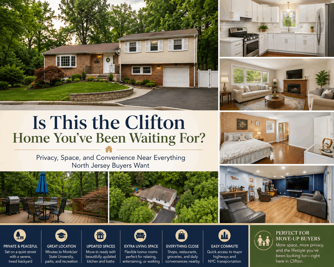 Lifestyle collage for 17 Ravine Ct in Clifton, NJ, showing a private split-level home with updated kitchen, bright living spaces, bedrooms, bonus room, wooded backyard, and convenient North Jersey location near parks, shops, Montclair State University, and NYC access.