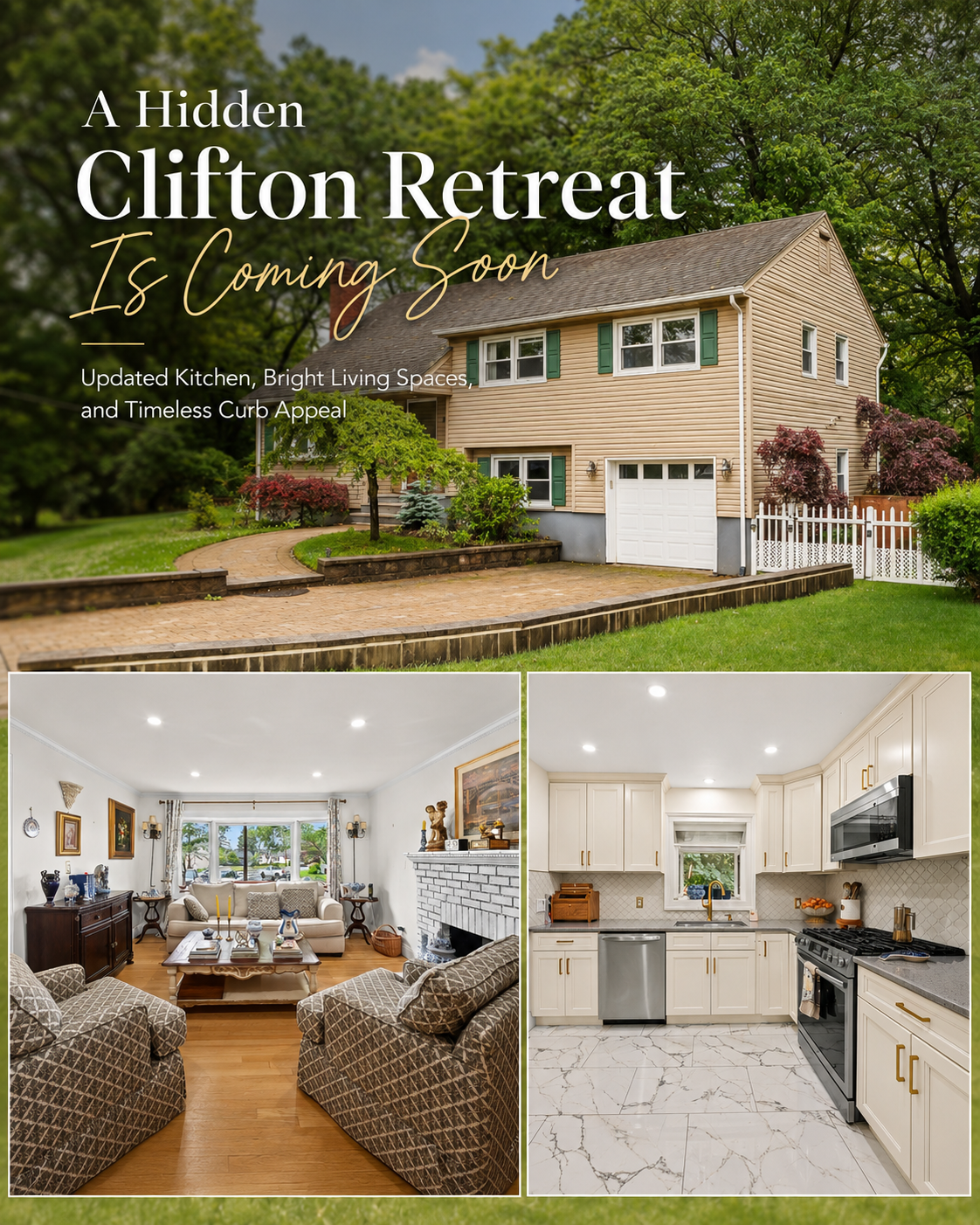 Coming soon Clifton NJ split-level home at 17 Ravine Ct featuring timeless curb appeal, a bright living room with fireplace, and an updated white kitchen with gold hardware.