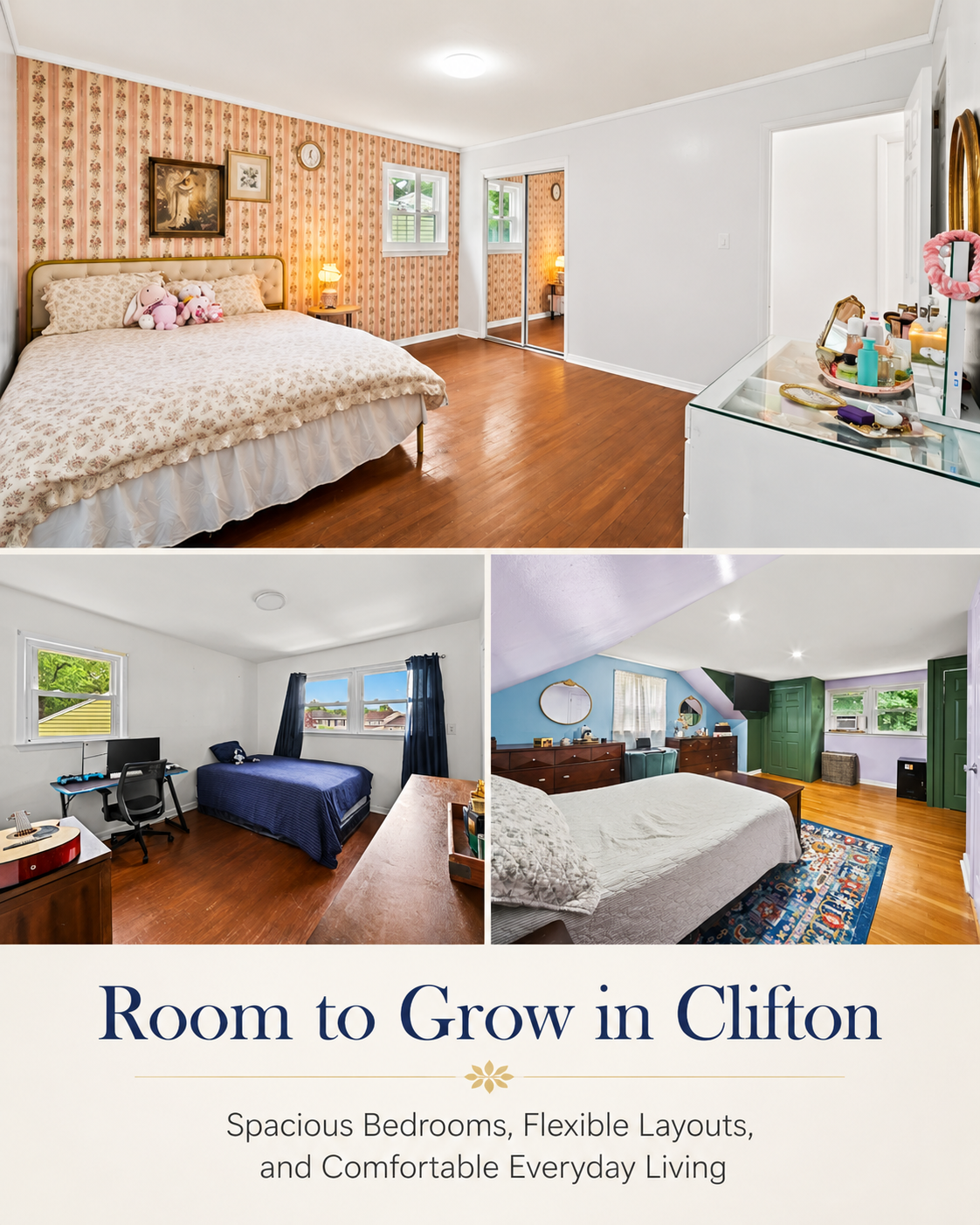 Bedroom collage for 17 Ravine Ct in Clifton, NJ, showing spacious bedrooms with hardwood floors, natural light, flexible layouts, and comfortable everyday living space.