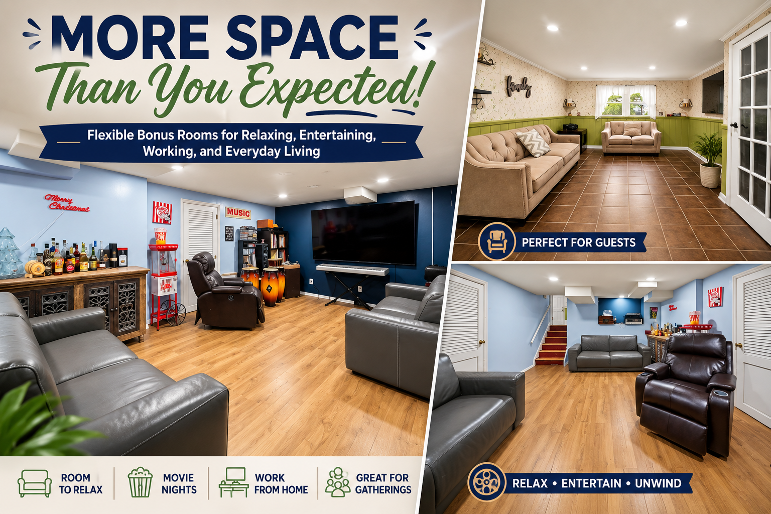 Flexible bonus room collage for 17 Ravine Ct in Clifton, NJ, showing media room, sitting room, recessed lighting, wood-look floors, and extra space for relaxing, entertaining, working, and everyday living.