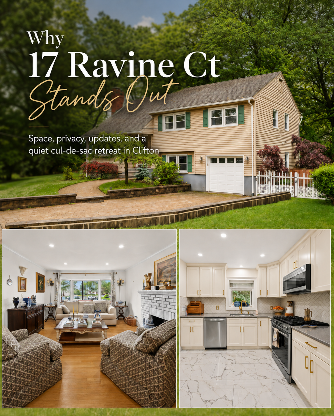 Real estate collage for 17 Ravine Ct in Clifton, NJ, showing a just listed split-level home with updated kitchen, bright living room, private setting, and quiet cul-de-sac location.
