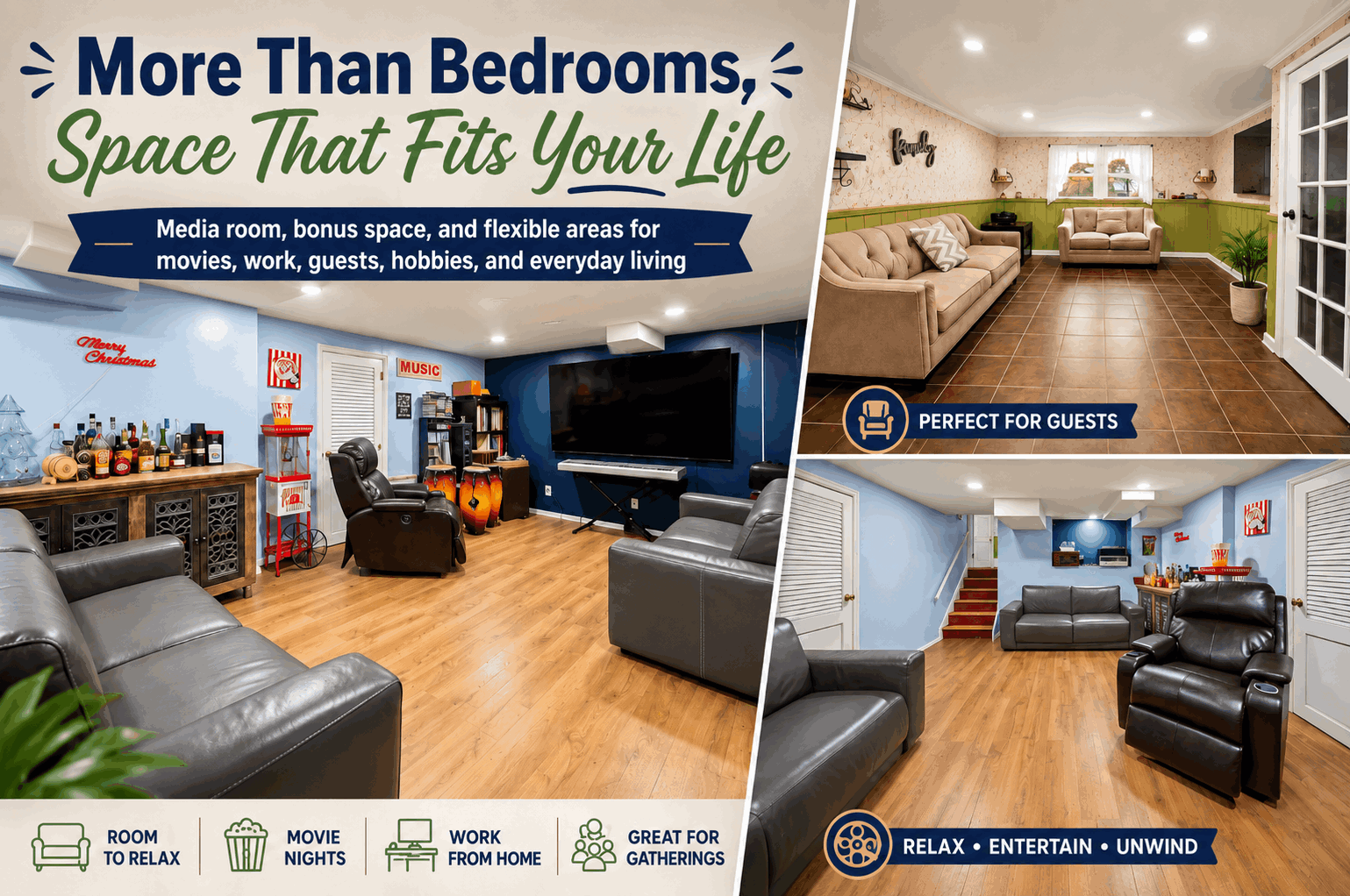 Flexible bonus room collage for 17 Ravine Ct in Clifton, NJ, showing extra living space, media room, guest area, wood-look floors, recessed lighting, and room for work, relaxing, entertaining, and everyday living.