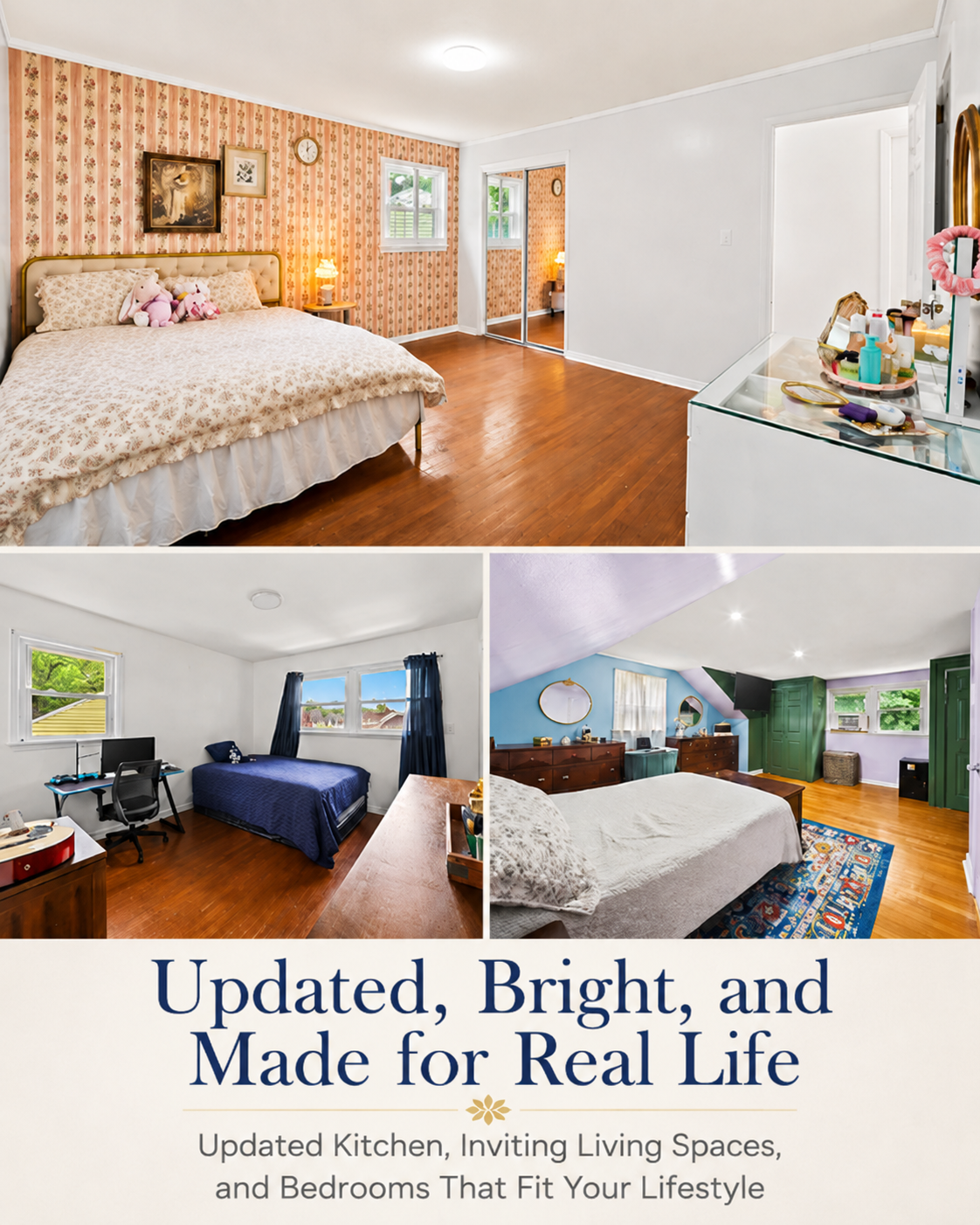 Interior collage of 17 Ravine Ct in Clifton, NJ, showing bright bedrooms with hardwood floors, natural light, flexible layouts, and updated living spaces for everyday comfort.