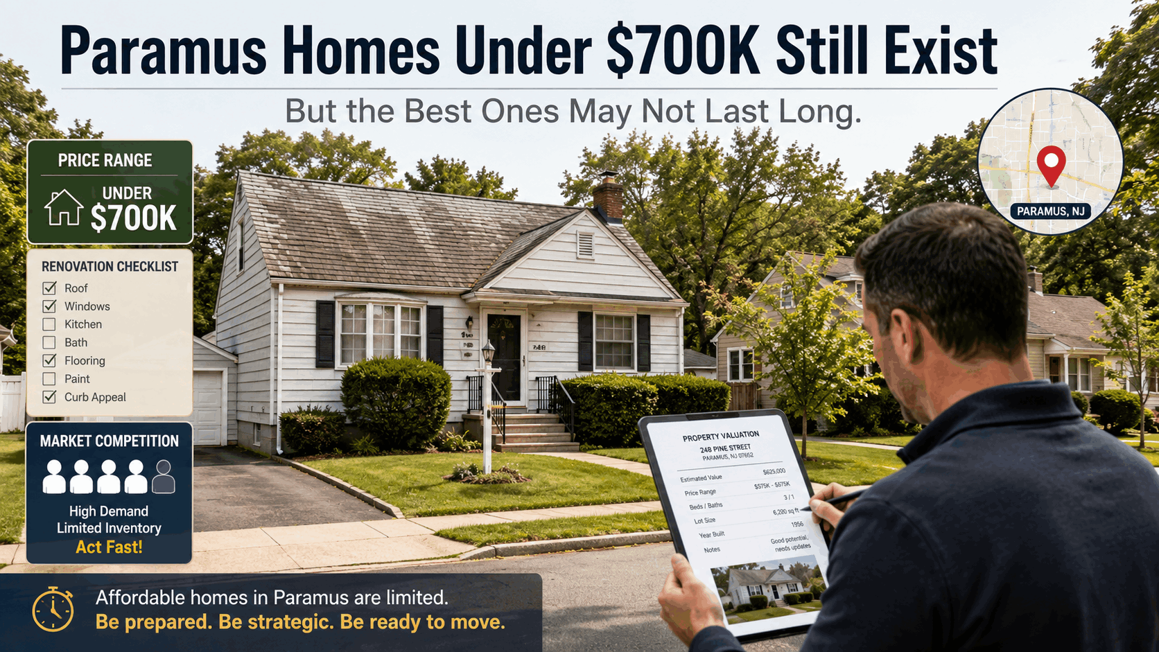 Paramus NJ home under $700K showing a smaller Cape Cod with renovation potential, limited inventory, strong buyer demand, and a realtor reviewing its value.