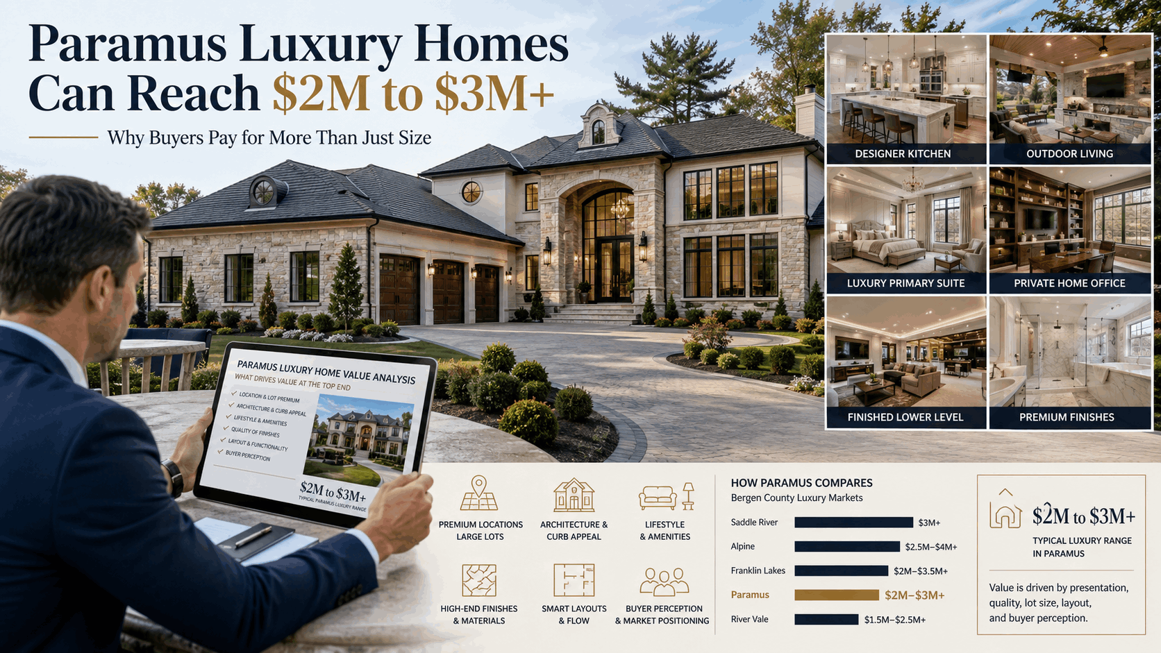 Paramus NJ luxury home priced from $2 million to over $3 million, featuring custom architecture, designer interiors, outdoor living, premium finishes, and a realtor reviewing market value.