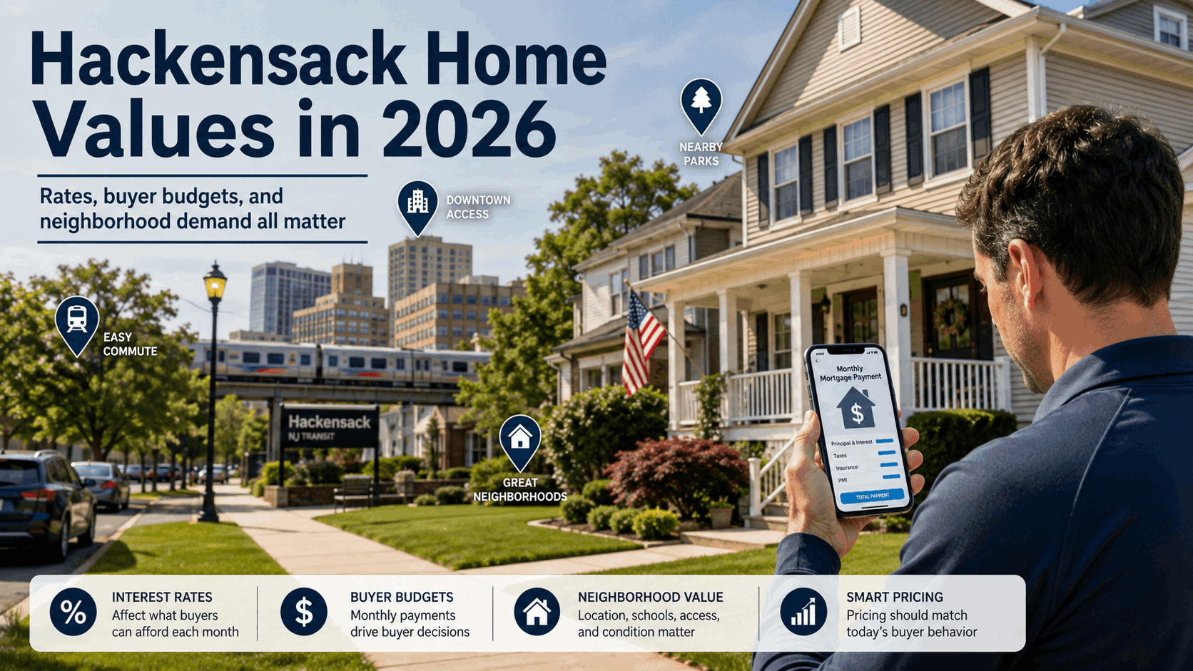 Hackensack NJ home values 2026 with homebuyer reviewing mortgage payment, neighborhood demand, interest rates, buyer budgets, commute access, and local pricing strategy.