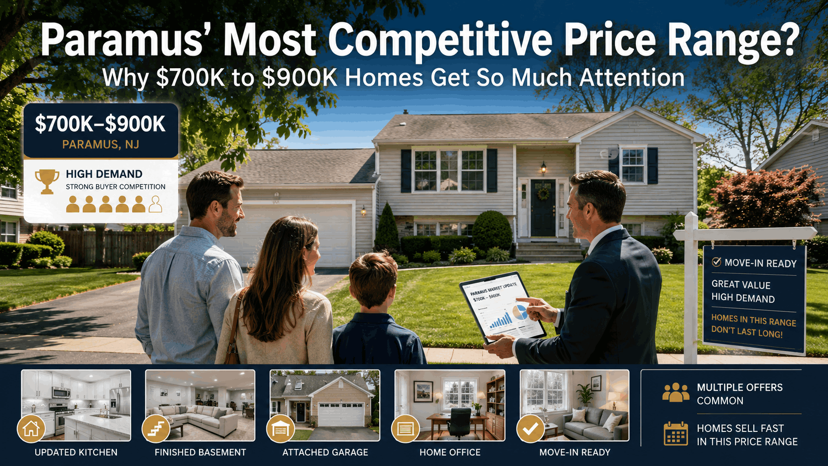 Paramus NJ home priced from $700K to $900K showing strong buyer demand, a family viewing a move-in-ready split-level, and a realtor explaining market competition.