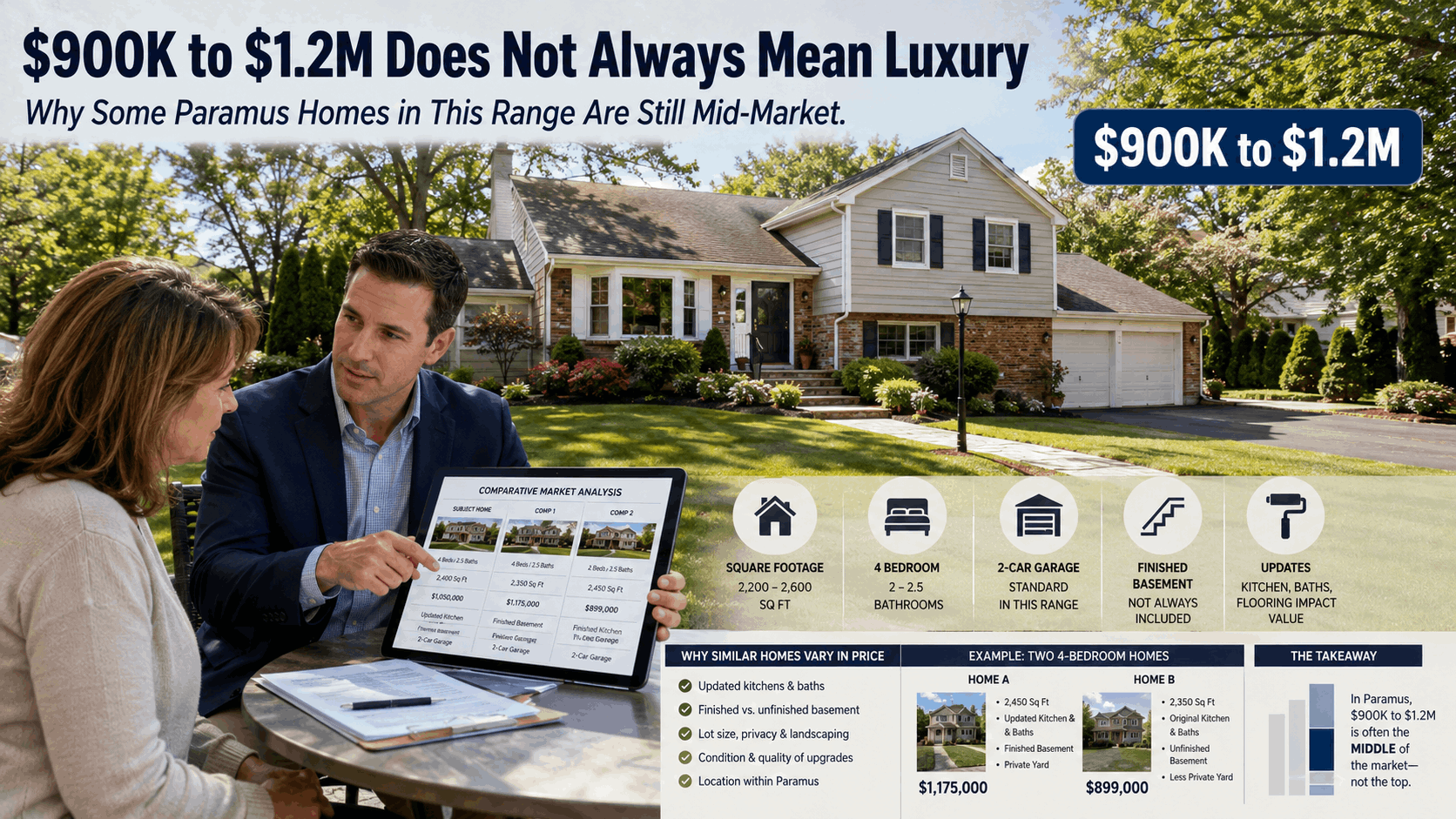 Paramus NJ home priced between $900K and $1.2M showing a realtor explaining how square footage, upgrades, garage size, basement, and condition affect value.