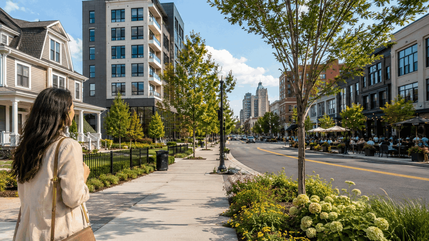 Hackensack NJ downtown redevelopment scene showing walkable sidewalks, new residential buildings, outdoor dining, updated streetscapes, and neighborhood growth near local homes.