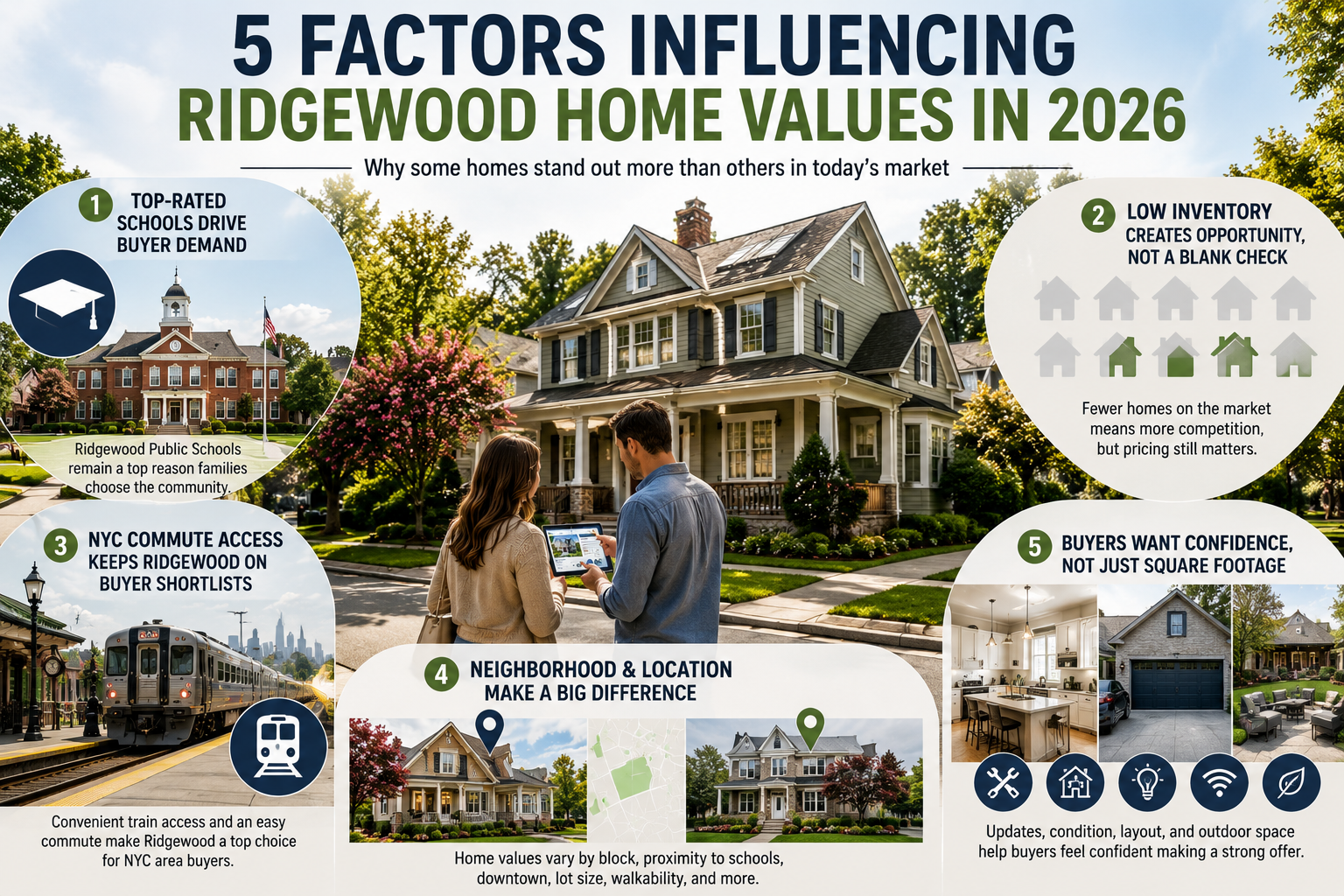 Ridgewood NJ home values 2026 infographic showing a tree-lined home, school demand, low inventory, NYC train access, neighborhood differences, and buyer confidence factors like updates, layout, parking, and outdoor space.