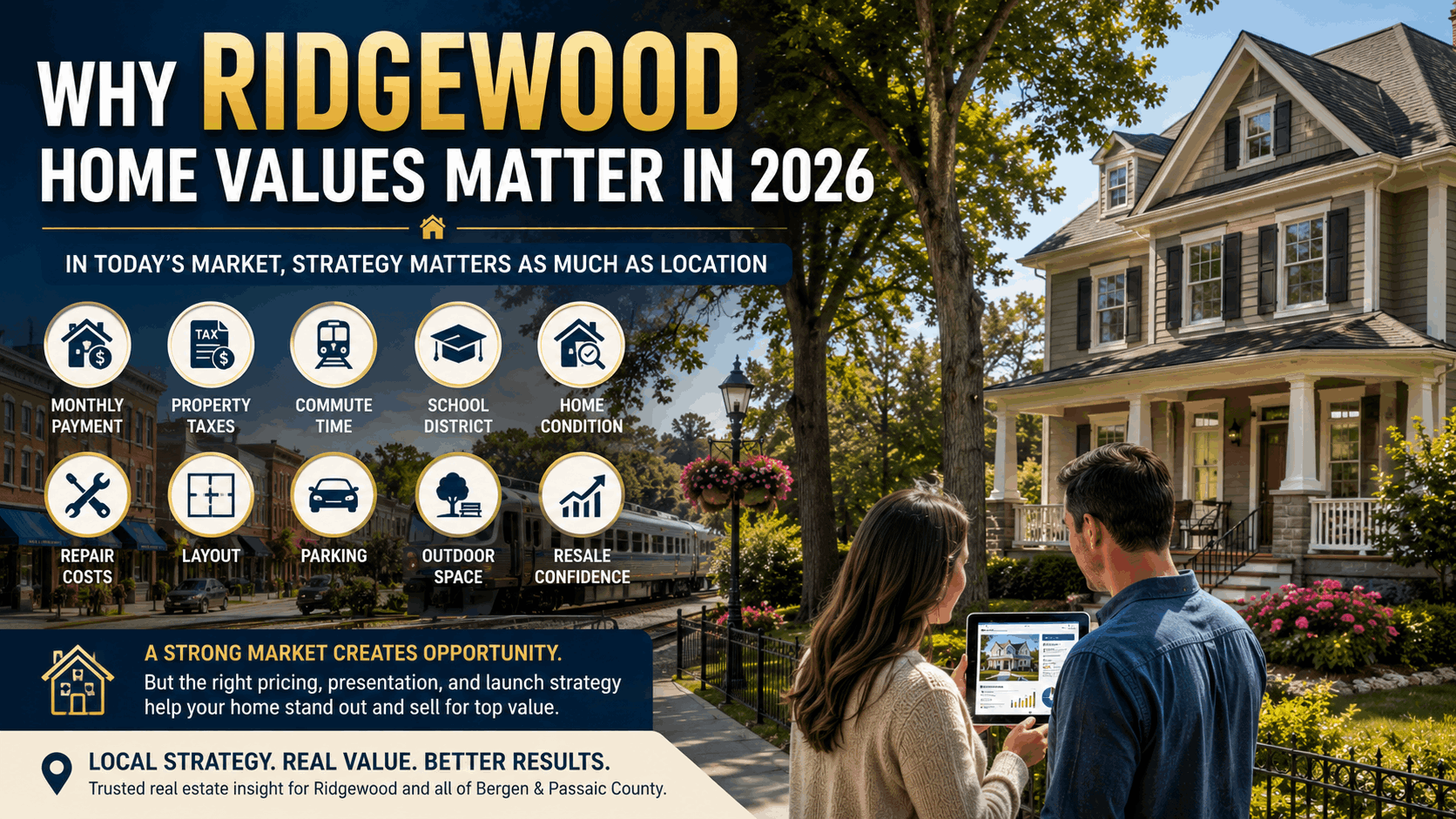 Ridgewood NJ home values 2026 showing buyers reviewing a home on tablet with icons for monthly payment, property taxes, commute time, school district, home condition, parking, and resale confidence.