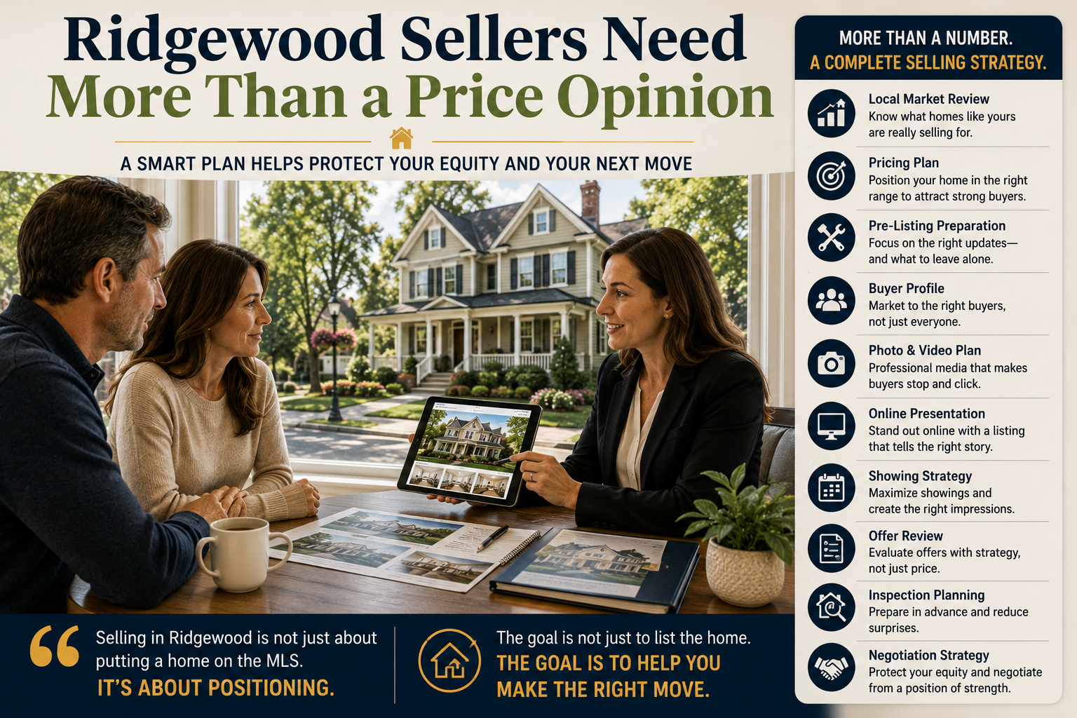 Ridgewood NJ sellers meeting with a local real estate advisor to review pricing strategy, home preparation, online marketing, inspections, negotiation, and a complete selling plan.