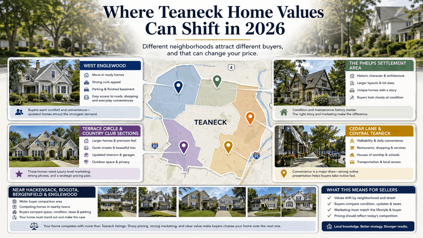 Teaneck NJ neighborhood value map showing West Englewood, Phelps Settlement, Country Club, Cedar Lane, and nearby town competition for 2026 home prices.