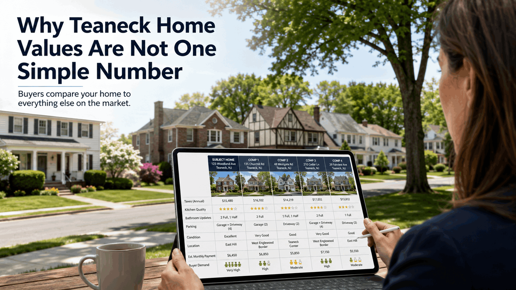 Teaneck NJ homeowner comparing home values on a tablet with nearby properties, taxes, parking, condition, buyer demand, and monthly payment factors.