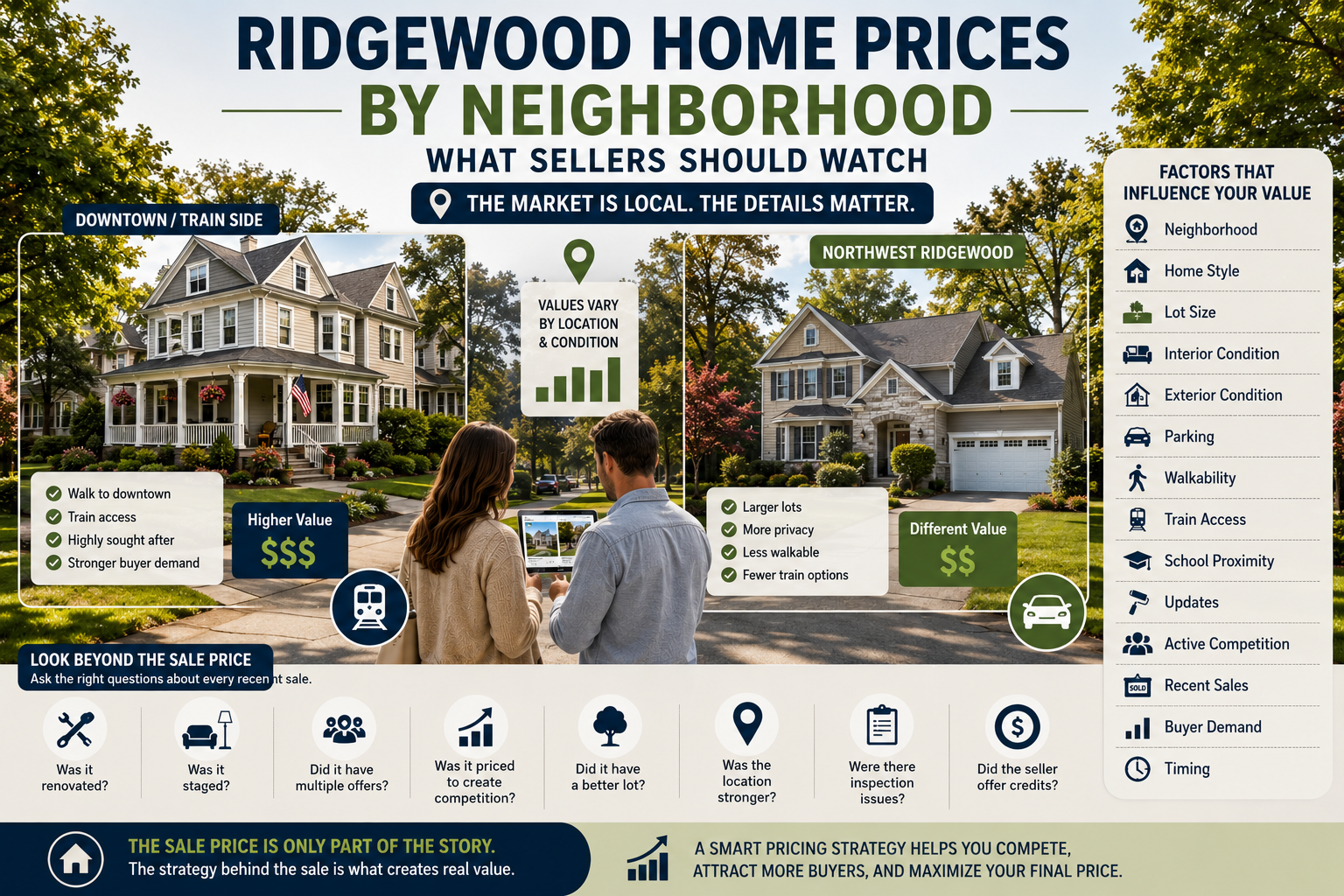 Ridgewood NJ home prices by neighborhood infographic showing different home styles, train access, walkability, lot size, buyer demand, recent sales, and pricing strategy factors for sellers.