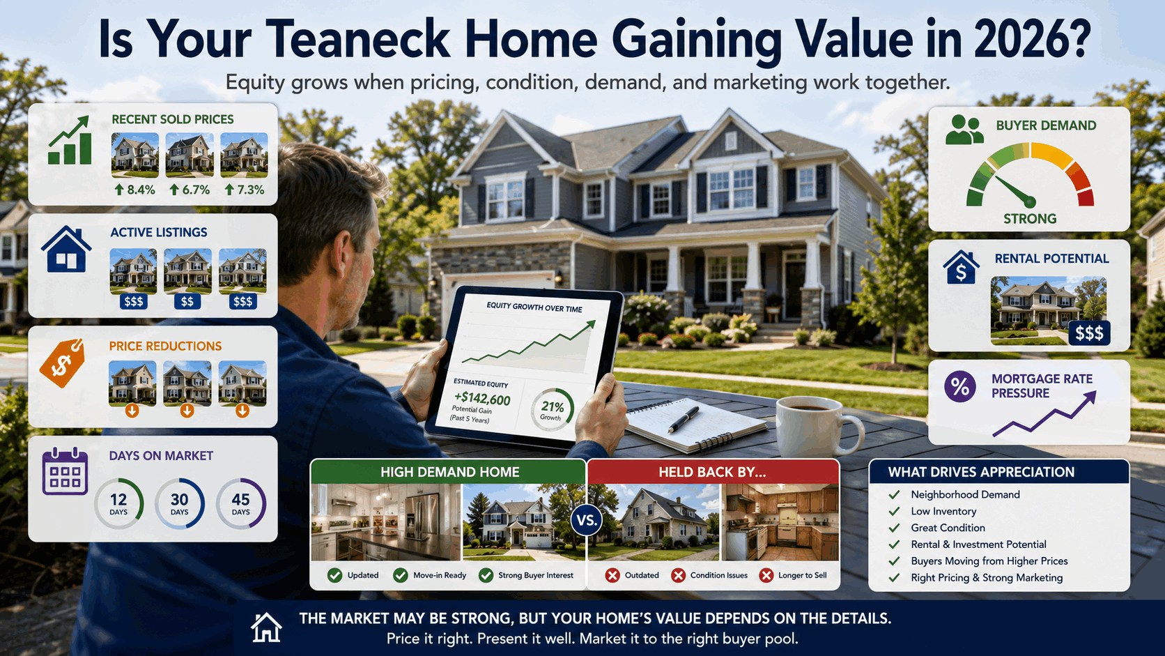 Teaneck NJ real estate appreciation infographic showing home equity growth, buyer demand, rental potential, active listings, price reductions, and condition impact in 2026.