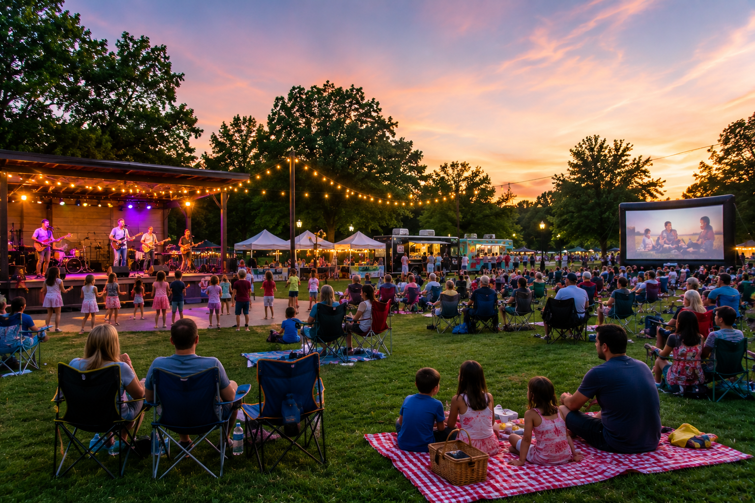 Free North Jersey summer community event with families enjoying a live outdoor concert, food trucks, string lights, and a movie in the park at sunset.