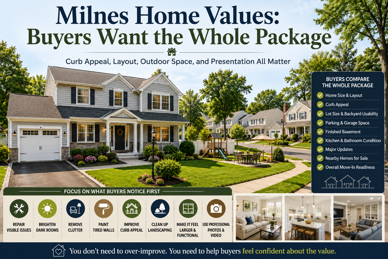 Milnes and Central Fair Lawn home value infographic showing a move-in-ready home with curb appeal, garage, backyard, updated interiors, finished basement, landscaping, and buyer-focused selling tips.