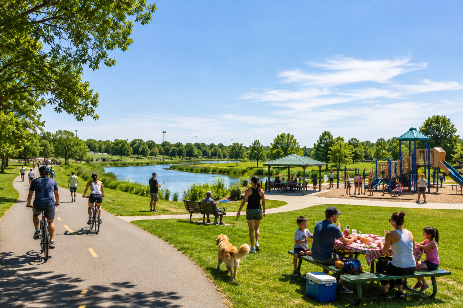 Overpeck County Park in Bergen County, New Jersey, with families biking, picnicking, fishing, walking dogs, and enjoying the playground beside the water.