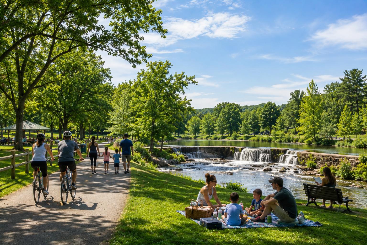 Saddle River County Park in Bergen County, New Jersey, with cyclists, a family walking, picnic area, river views, and a small waterfall surrounded by lush trees.