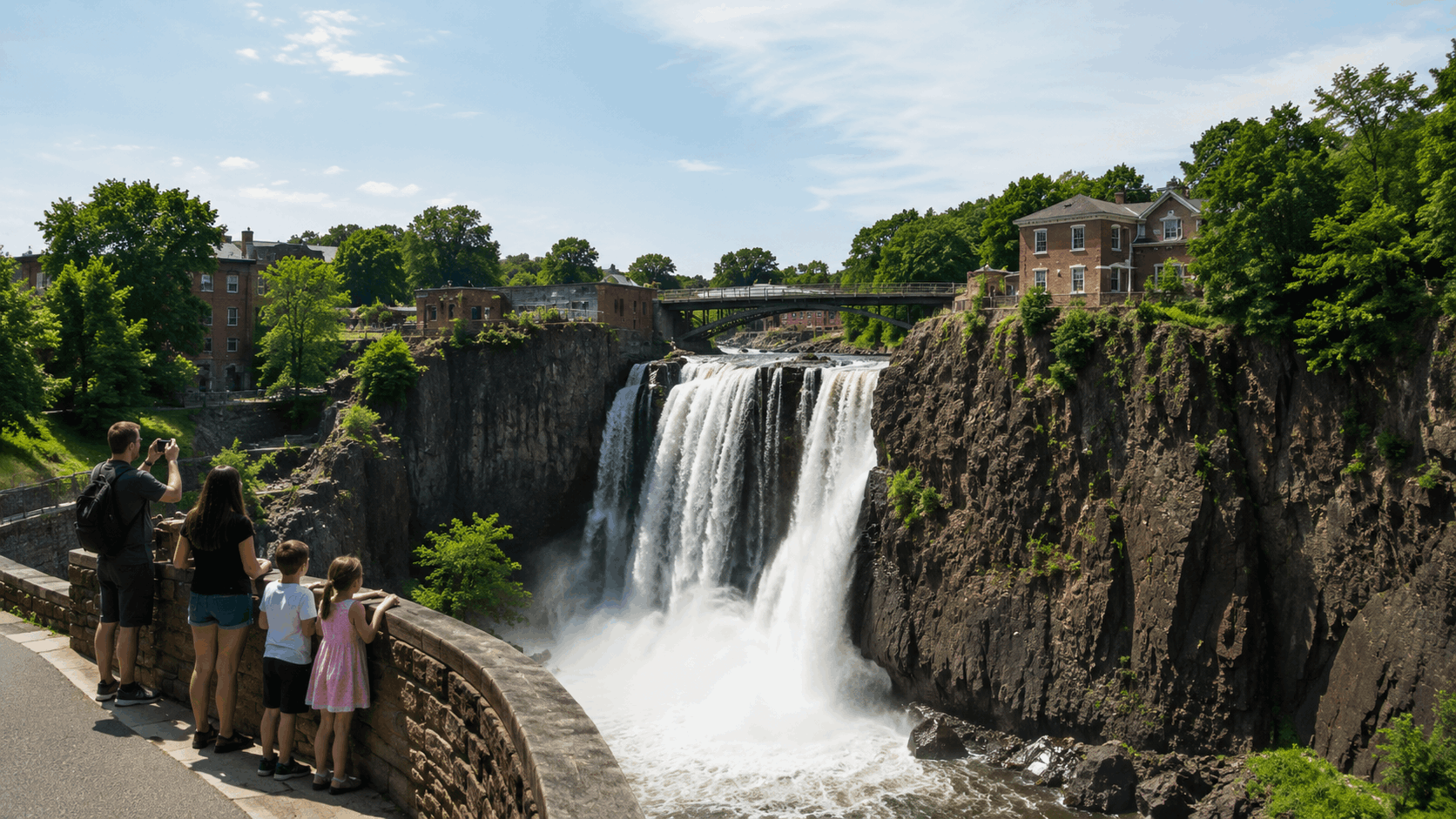 Paterson Great Falls in New Jersey with a family viewing the waterfall from a historic stone overlook surrounded by greenery and landmark buildings.