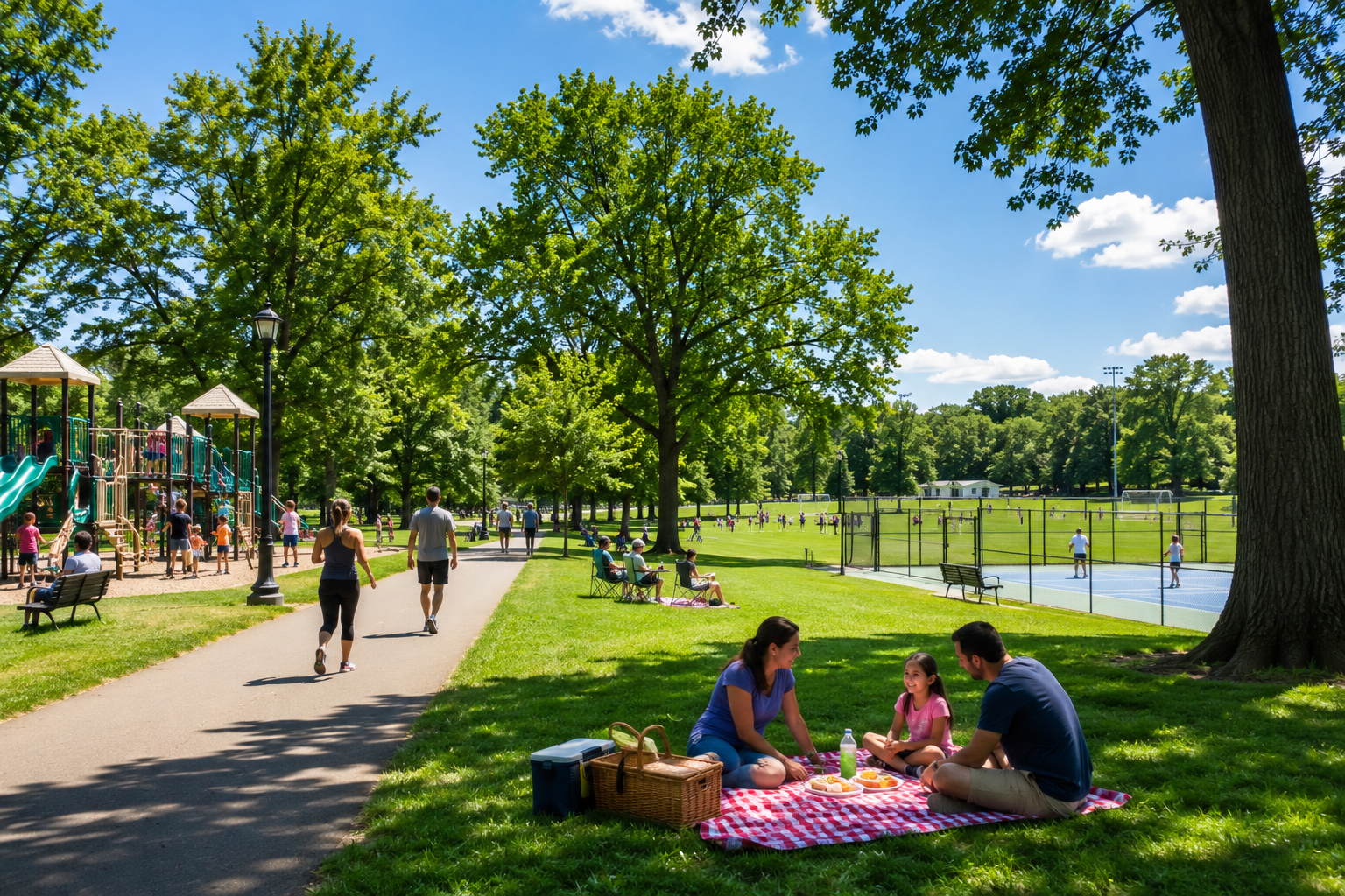 Brookdale Park in Essex County, New Jersey, with families picnicking under mature trees, children at the playground, joggers on paths, and tennis and soccer activities nearby.