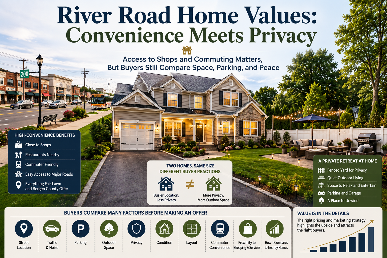 River Road and Fair Lawn Commons home value infographic showing a private Fair Lawn home near shops, restaurants, commuter routes, parking, outdoor space, privacy, and convenience factors buyers compare.