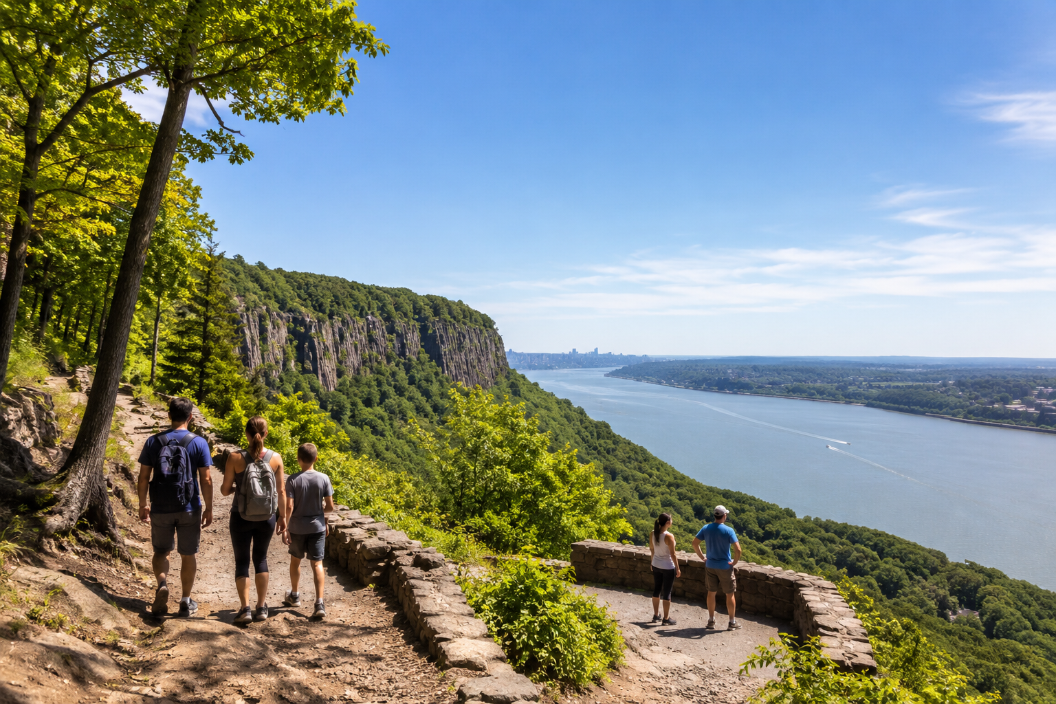 Palisades Interstate Park hiking trail with families enjoying dramatic cliffs, Hudson River views, and scenic North Jersey outdoor overlooks.