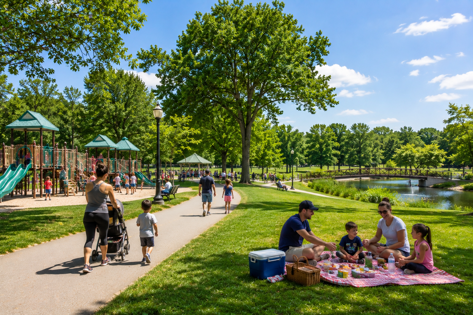 Van Saun County Park in Bergen County, New Jersey, with families picnicking, children at the playground, walking paths, green lawns, and a scenic pond.