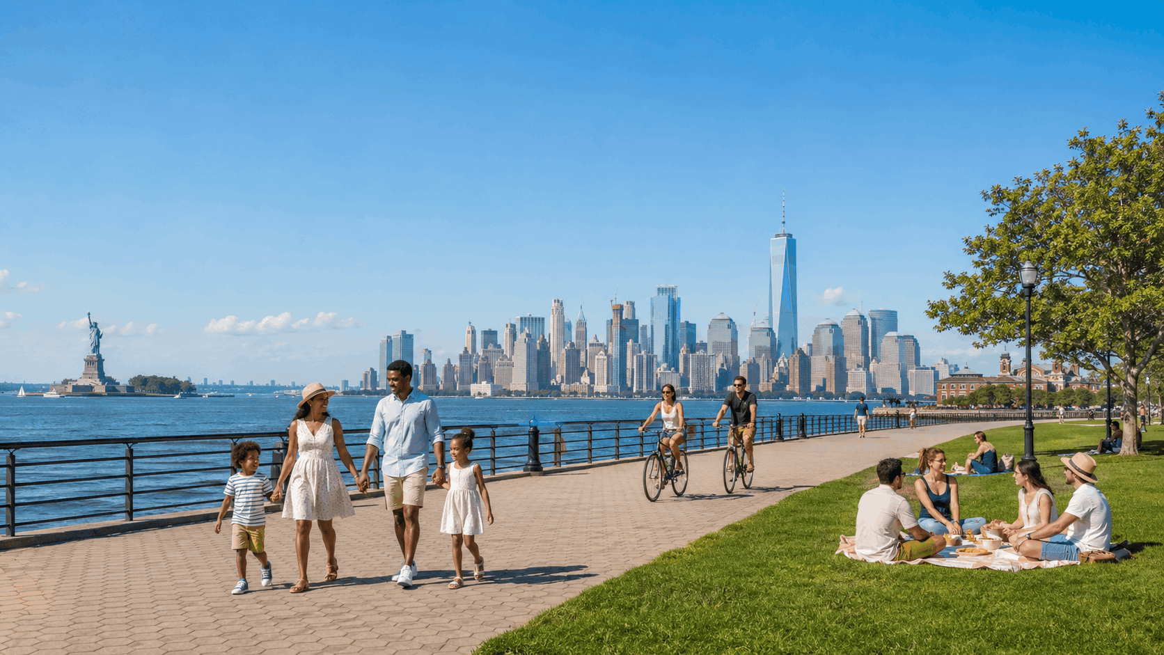 Liberty State Park waterfront promenade with families walking, cyclists, picnic area, Statue of Liberty, and Lower Manhattan skyline views from Jersey City, New Jersey.