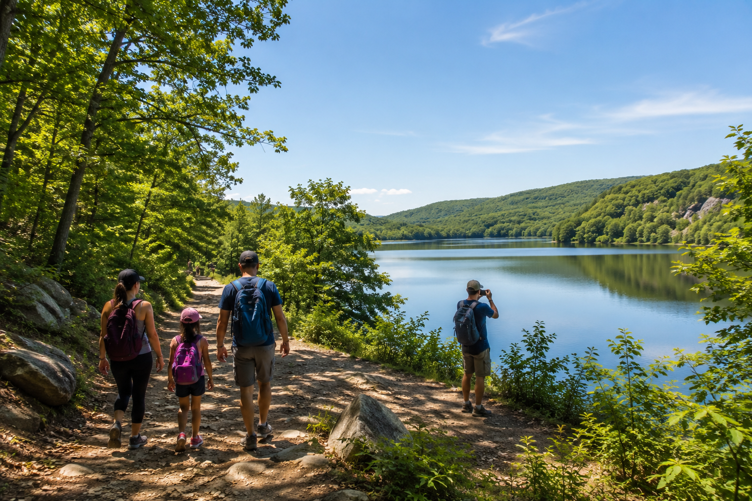 Ramapo Valley County Reservation in North Jersey with a family hiking along a wooded lakeside trail and a visitor photographing the peaceful water views.