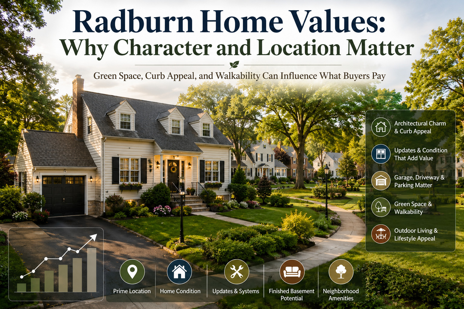Radburn Fair Lawn NJ home value infographic featuring a charming tree-lined neighborhood, landscaped home, garage, walkable pathways, green space, and buyer value factors.