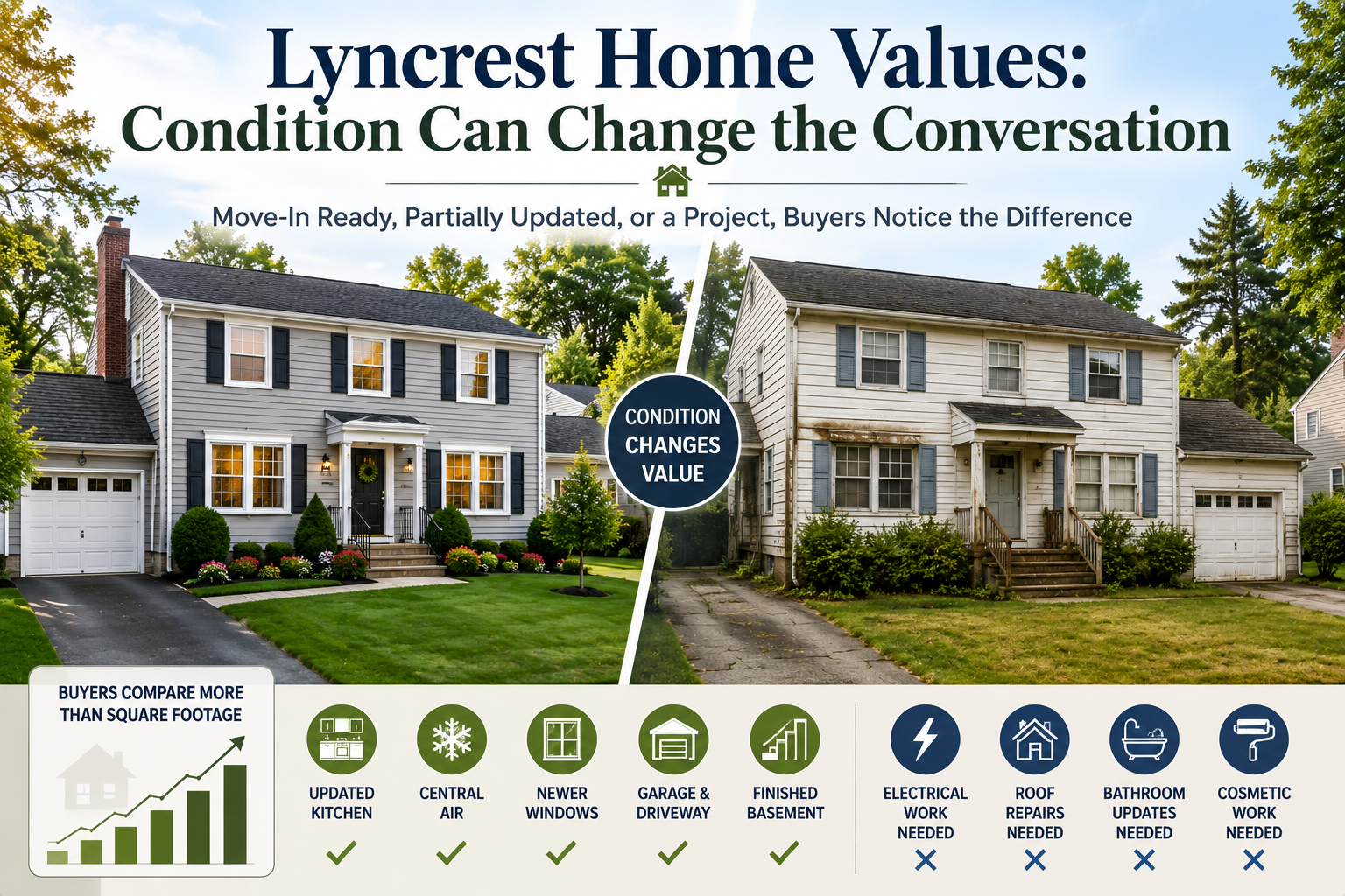 Lyncrest and East Fair Lawn home value comparison showing a move-in-ready home versus a fixer-upper, highlighting updates, central air, garage, finished basement, repairs, and buyer perception.