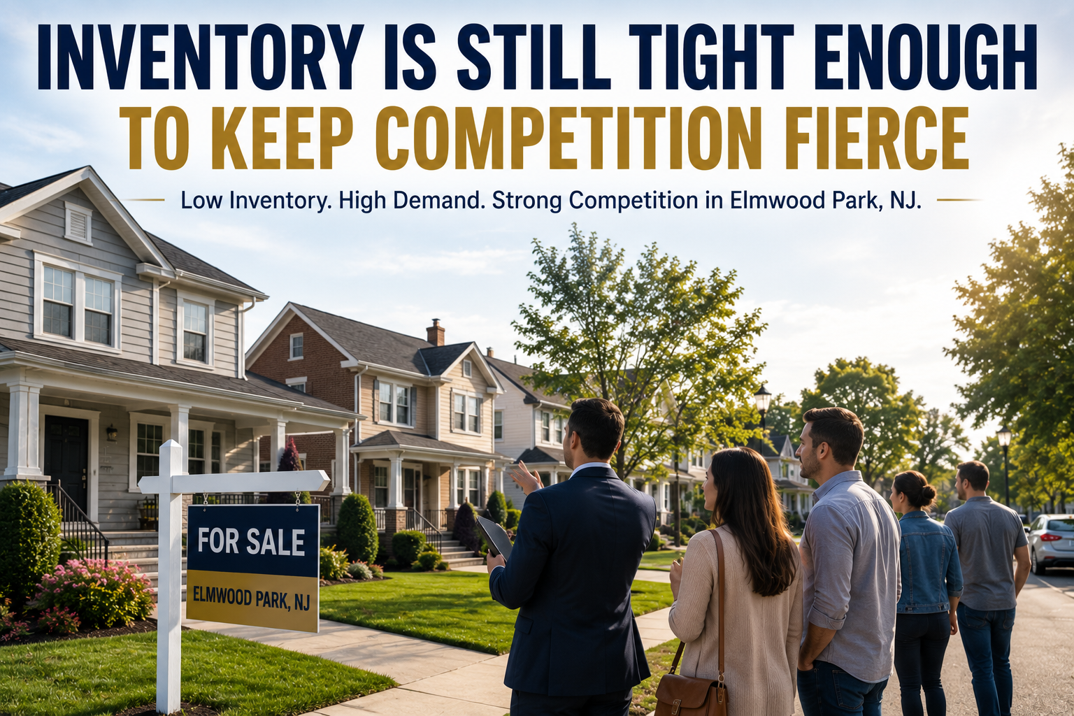 Elmwood Park NJ housing market update 2026 image showing low inventory, strong buyer demand, home for sale sign, and competitive Bergen County real estate market.