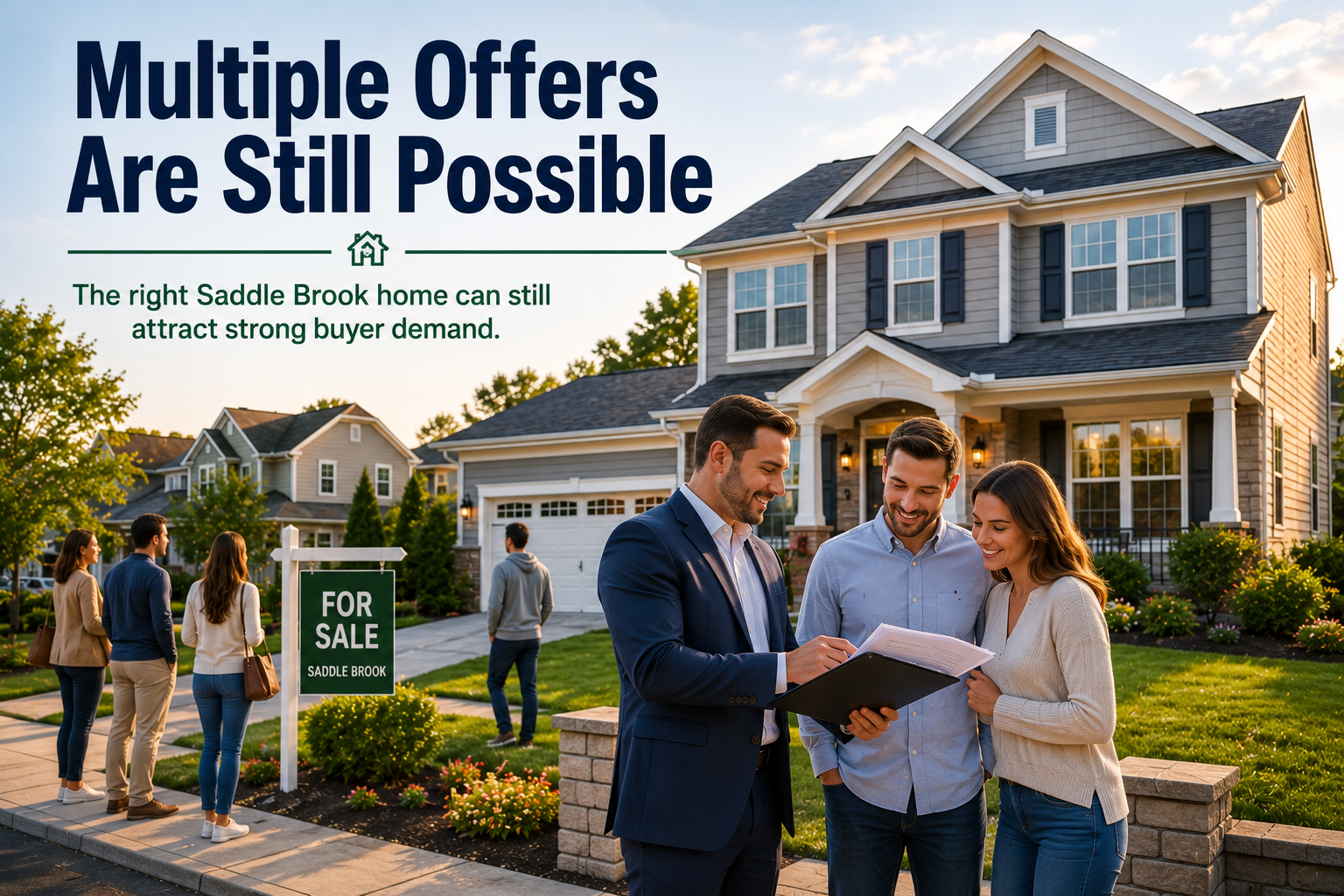 Multiple offers are still possible for the right Saddle Brook home, showing a move-in-ready property, strong buyer demand, and a real estate agent reviewing offers with sellers.