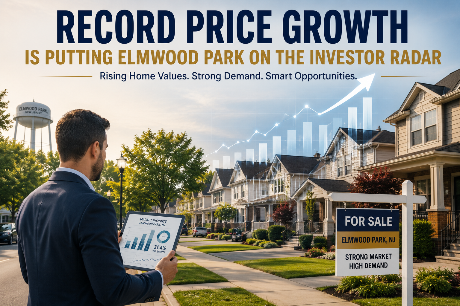 Elmwood Park NJ real estate market image showing record price growth, rising home values, strong buyer demand, for sale sign, and investment opportunity in 2026.
