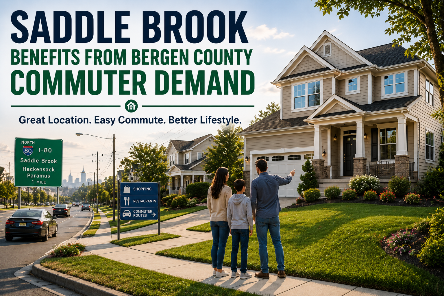 Saddle Brook benefits from Bergen County commuter demand, showing a suburban home near major routes with easy access to shopping, highways, and NYC commuting options.