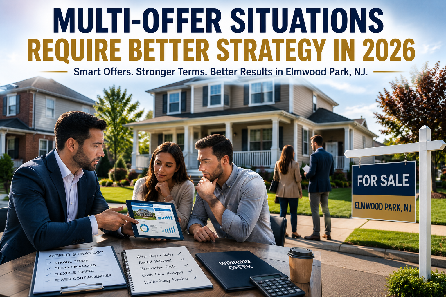 Elmwood Park NJ housing market image showing buyers reviewing offer strategy, for sale sign, and smart negotiation during a competitive multi-offer real estate market in 2026.
