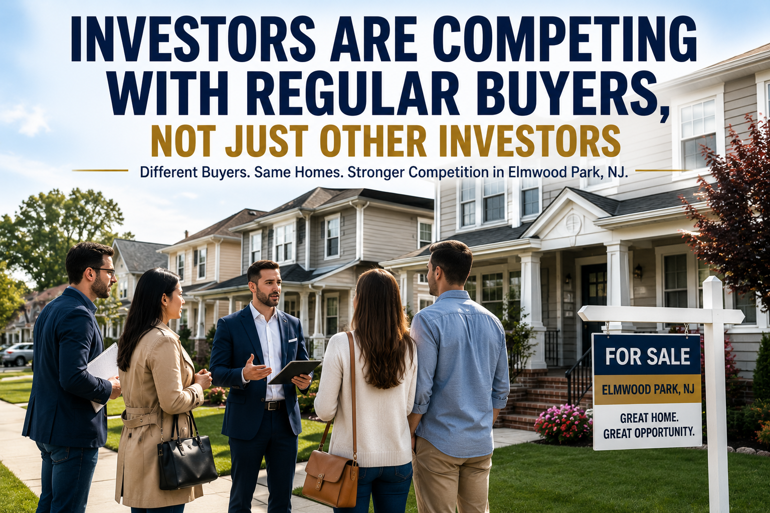 Elmwood Park NJ housing market image showing investors and regular buyers competing for the same home, highlighting strong buyer demand and 2026 real estate competition.