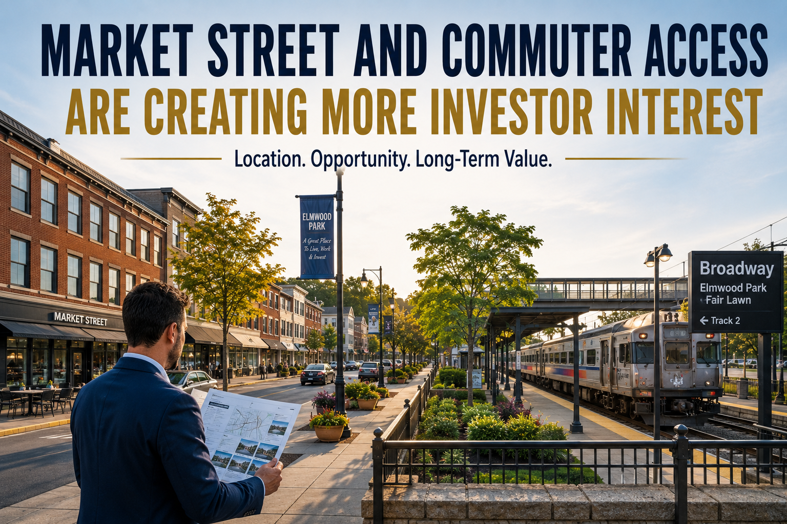 Elmwood Park NJ real estate image showing Market Street, commuter access, train station, neighborhood growth, and investor interest in the 2026 housing market.