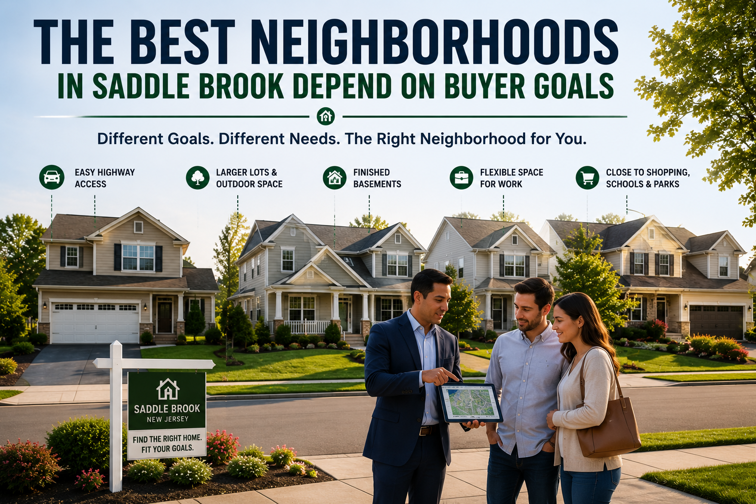 Best neighborhoods in Saddle Brook NJ depend on buyer goals, showing a local real estate advisor helping buyers compare homes, commute access, space, and lifestyle needs.
