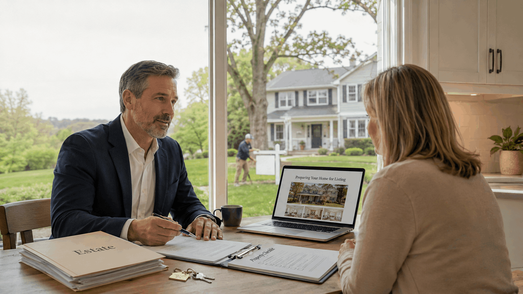 Probate home sale consultation in New Jersey with a realtor reviewing estate documents, property checklist, and home listing preparation before probate is finalized.